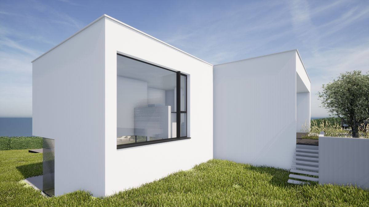 Façade d'une villa minimaliste contemporaine avec grande baie vitrée